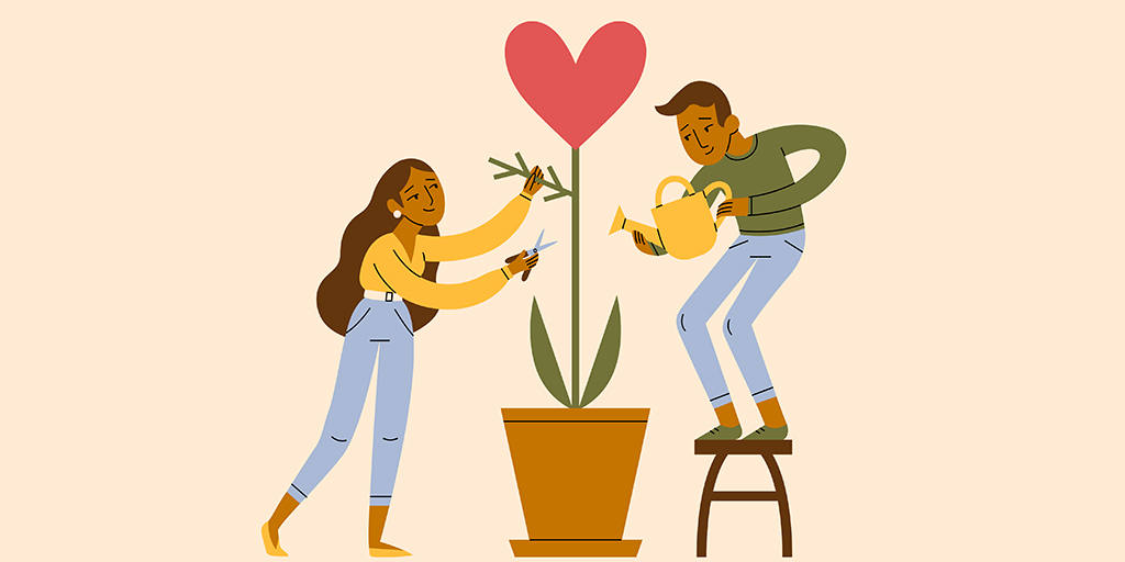 Illustration of a couple watering and pruning a heart shaped flower plant