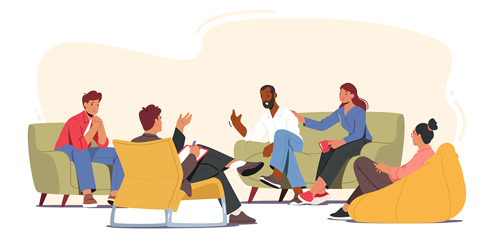 Illustration of a group of people sitting and having a lively discussion with one person taking notes