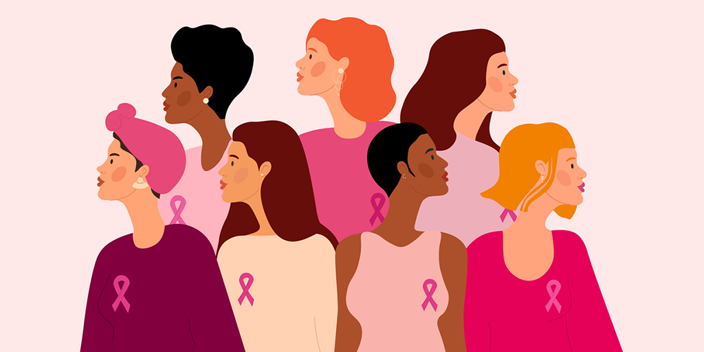7 women of different backgrounds, each with a Breast Cancer Awareness ribbon.